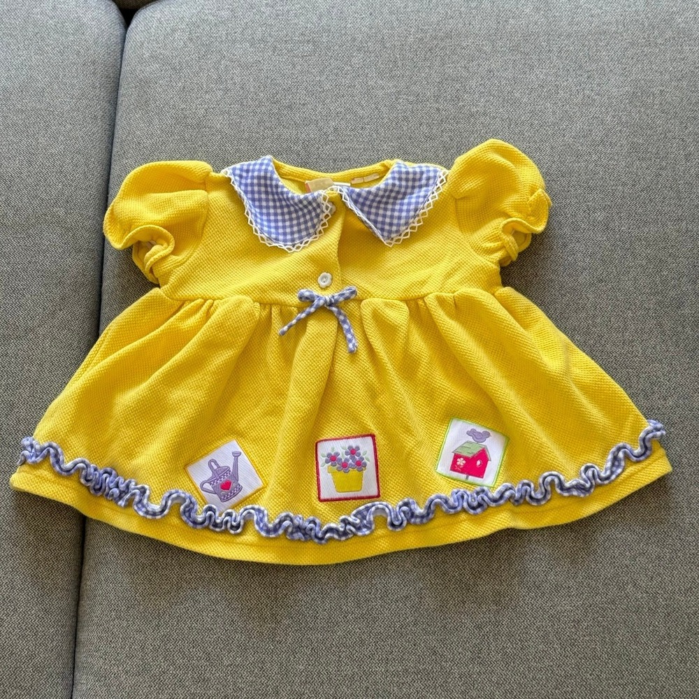 Vintage Baby Togs Yellow Waffle Knit Dress Gingham Trim Patches 24 Months